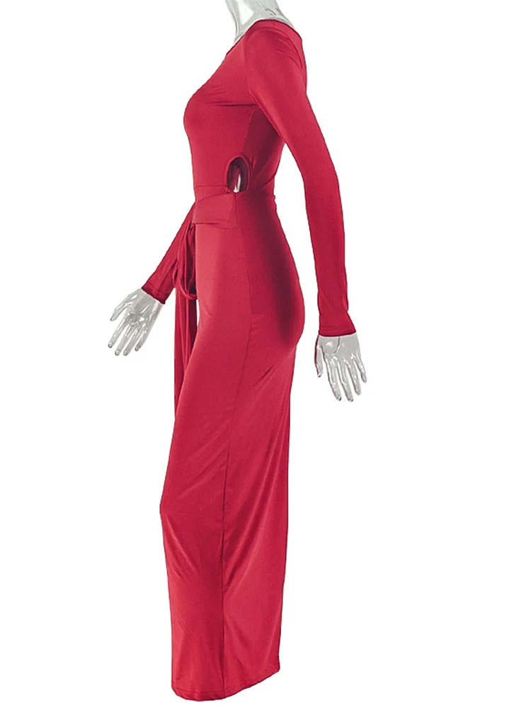 Beyprern – robe Maxi Sexy à manches longues, découpée sur le côté, couleur unie, col rond, moulante, robe de soirée formelle, Clubwear