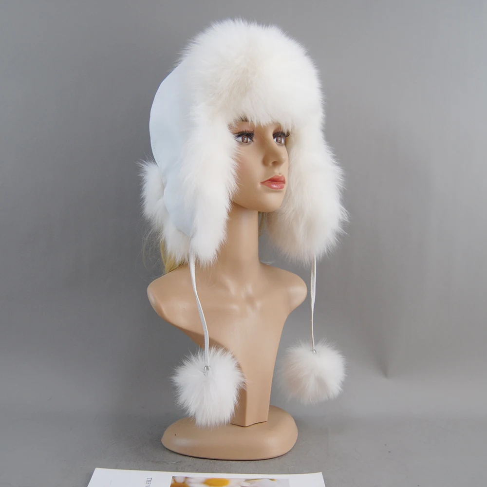 New Winter Fur Hat for Women Hat with Ear Real Fox Fur Caps Russian Women Bomber Hats Bonnets Trapper Cap Camo Fox Hat Wholesale