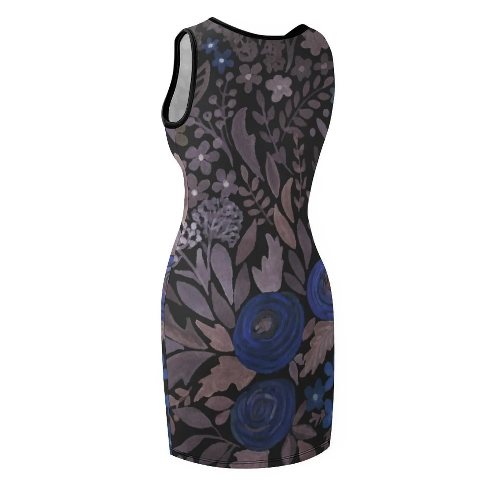 Niebieskie kwiaty. Akwarela. Czarne tło. Sukienki letnie bez rękawów dla kobiet