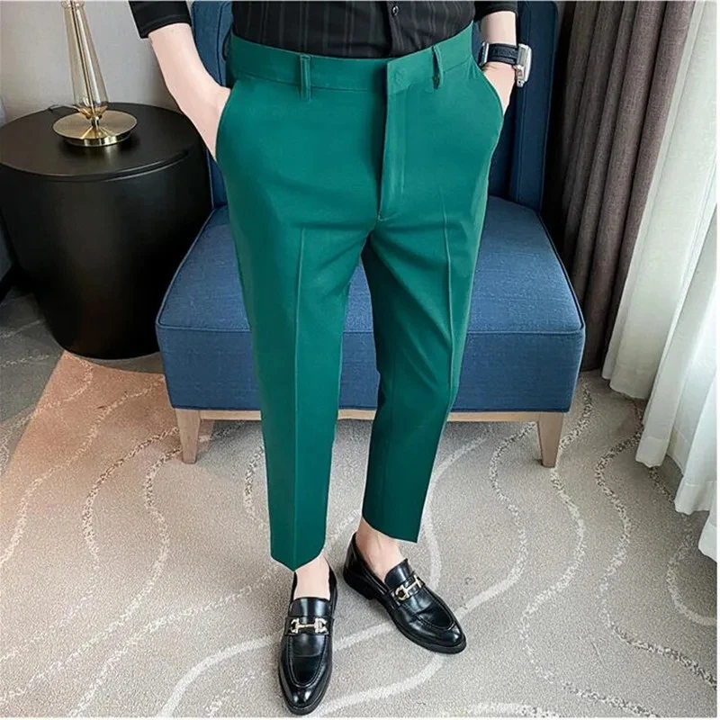 British Style Solid High Waist Trousers Men Formal Trousers High Quality Slim Fit Business Casual Suit Pants Groom Wedding Dress