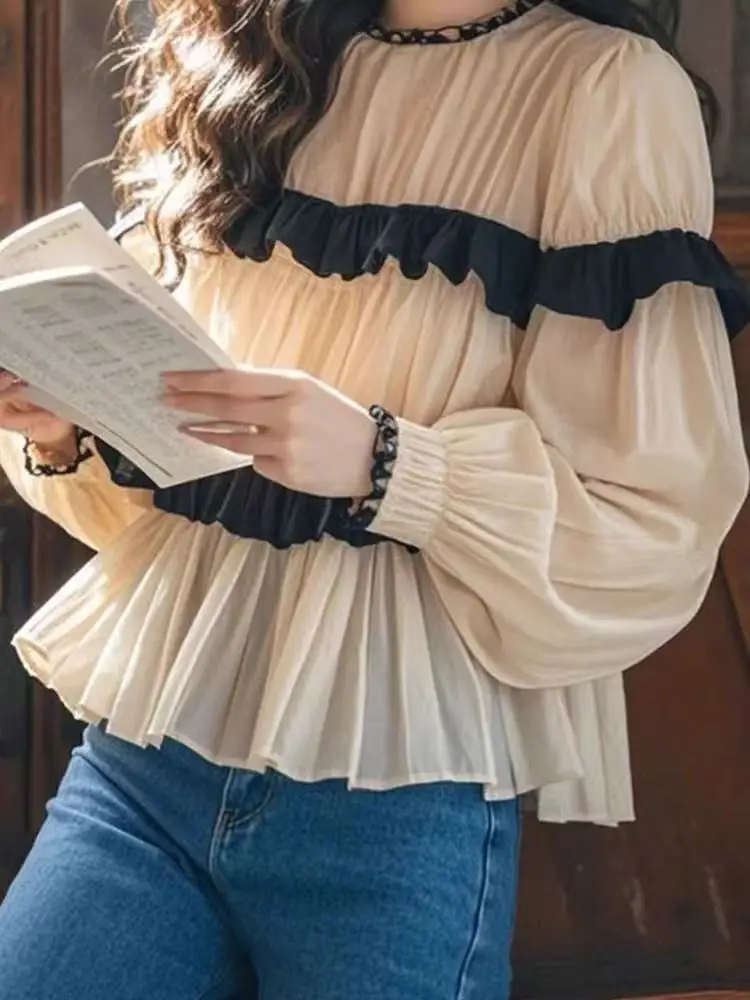 

Spring 2025 Women's Classic Long Sve Blouse Design Sensation Small ence Lace Trim irt Faionable Versatile Top