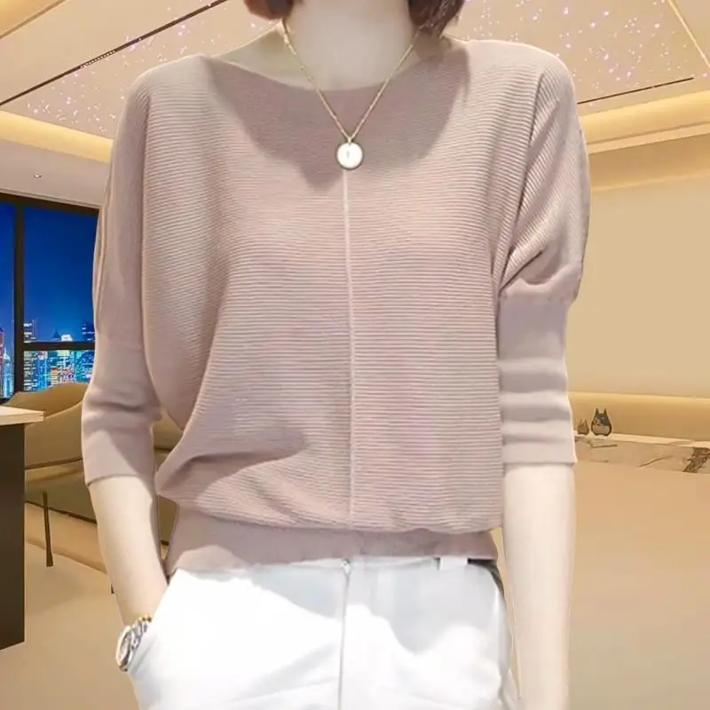 Summer Women's Clothing Flattering Solid Color Pullover Sweater Knitted Round Neck Half Sleeve T-shirt Elegant Office Lady Tops