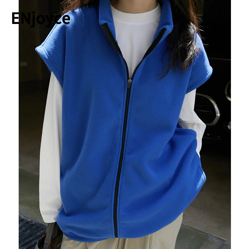 

Spring Autumn Women Fleece Stand-up Sleeveless Collar Jacket Japanese Casual Streetwear Vest Coat Outdoor Sports Waistcoat