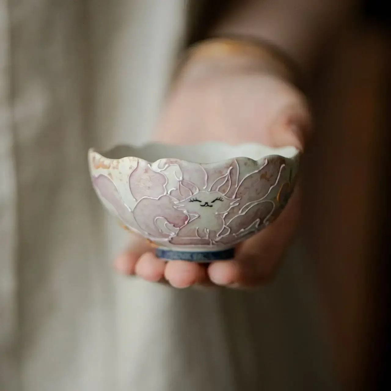 2Pcs 80ML Flint Red Hand-painted Nine-tailed Fox Ceramic Master Cup Kung Fu TeaSet Flower Mouth TeaCup Antique TeaCup Coffee Cup