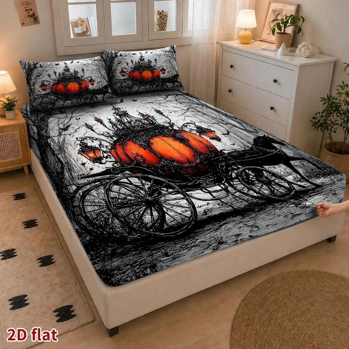 2D Digital Printed Three-Piece Bedding Set (Includes 1 Fitted Sheet + 2 Pillowcases) Mattress Protector, Fitted Elastic Style, Protective Cover, 2D Flat Priting, Mattress Protector, Pumpkin Carriage Fantasy Fairy Tale Theme, Gothic Dark Illustration Style, Halloween Carnival Season, Suitable for All Seasons, Machine Washable Design, Holiday Decoration, Various Sizes, Breathable Protective Cover Plus Pillowcase