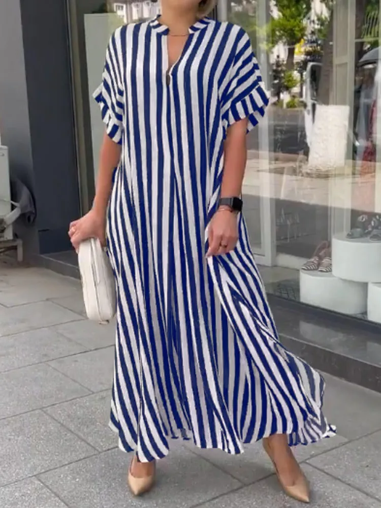

Women Casual Striped Printed Split Maxi Dress 2025 Spring Summer Fashion V Neck Short Sleeve Side Split Loose Shirt Dresses Robe