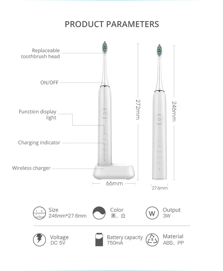 Electric Toothbrush Intelligent Sound Wave Fully Automatic Wireless Induction Charging Adult Model with Brush Head for Home/Gift