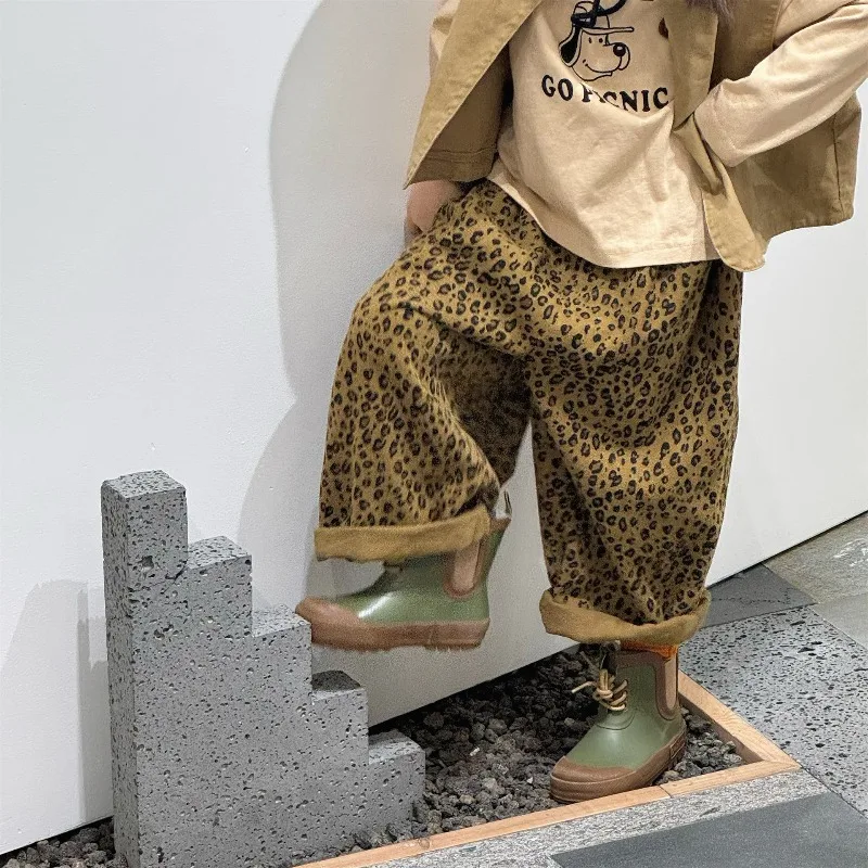 

Autumn New Children's Pants 1-6T Leopard Print Girls Baby Straight Trousers Loose Kids Clothes Boys Cotton Wide Leg Pants