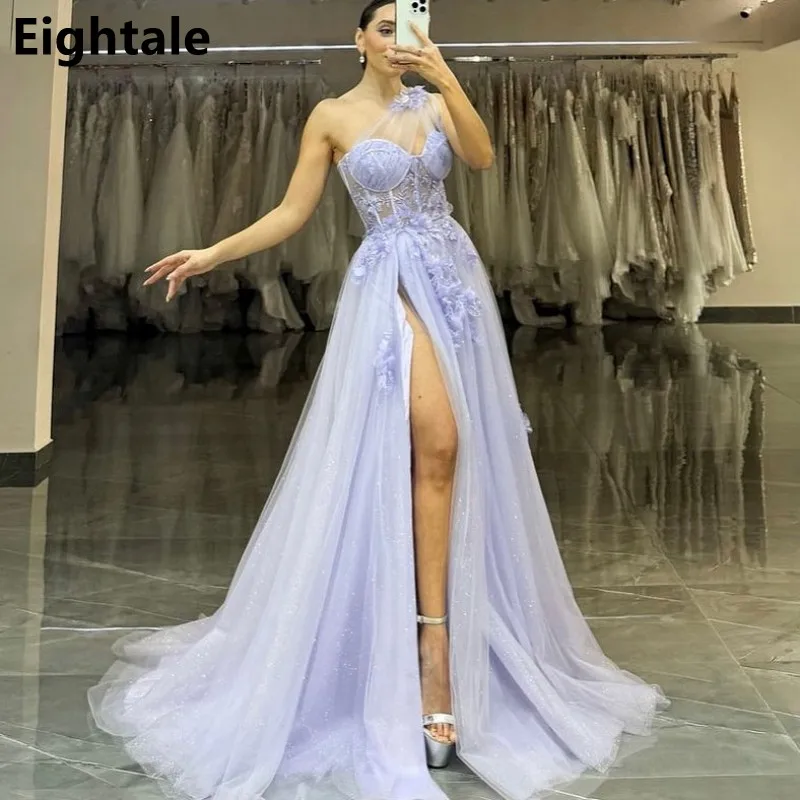 

Eightale Lavender Tulle A Line Evening Dress High Slit Prom Party Dress 3D FLowers Women Dubai Formal Gowns Customized