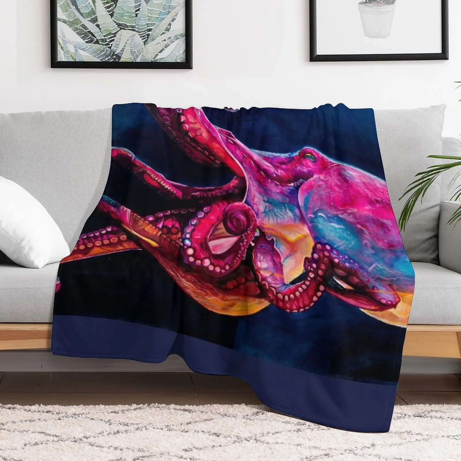 Deep colourful pink and blue octopus ink painting from the depths Throw Blanket Vintage Furry Personalized Gift Blankets