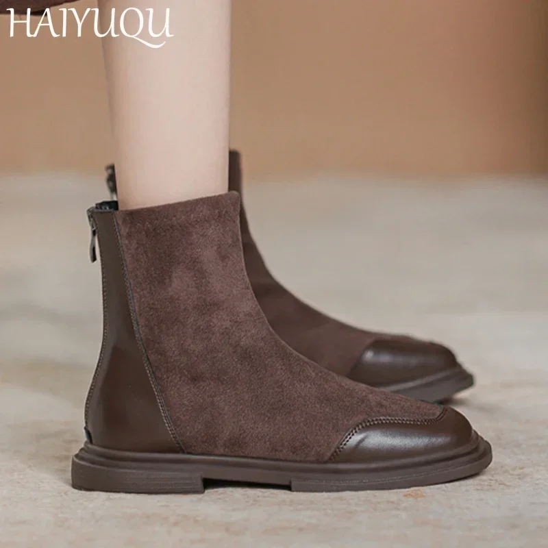 Damskie zamszowe buty za kostkę Flats Designer Leather Shoes Woman Trend Chelsea Boots New Walking Fashion Goth Mujer Short Botas