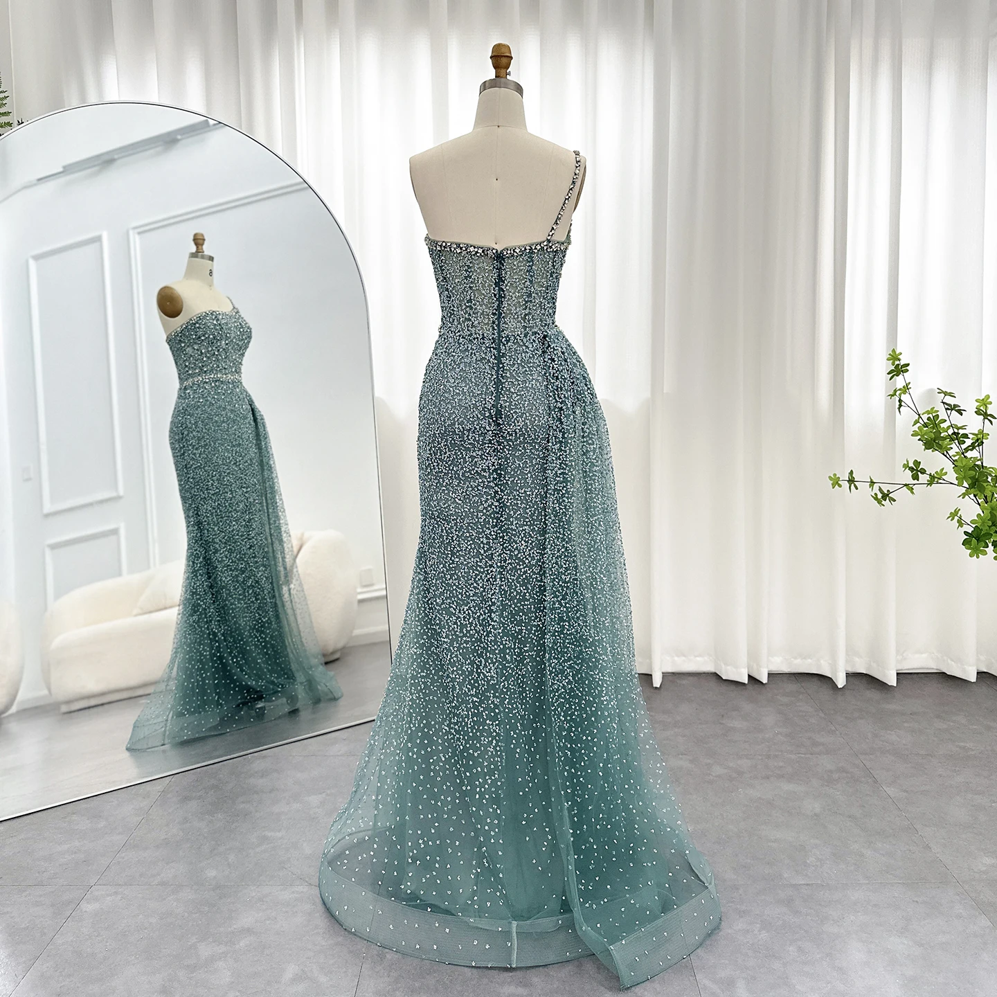 Sharon Said Sparkly Crystal Turquoise Een Schouder Zeemeermin Avondjurken met Overrok Bruiloft Jurken SS698 Aangepast