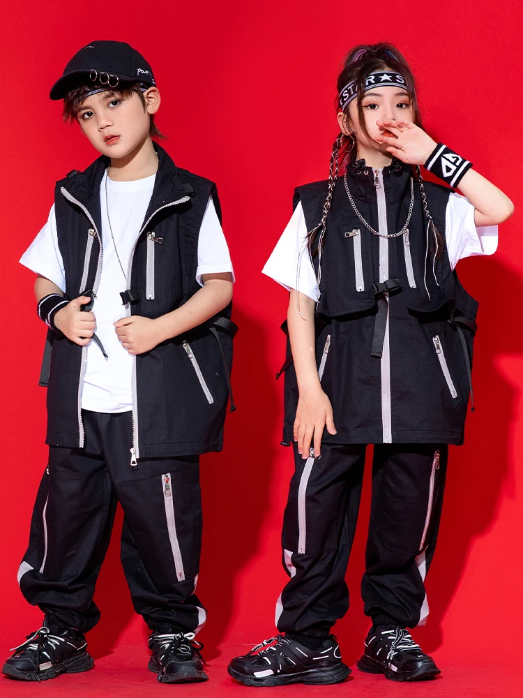 

Kids Jazz Dance Costume Fashion Hop Hop Black Vest Pants Girls modern Dance Outfits Boys Streetwear Stage Show Clothes BL10742