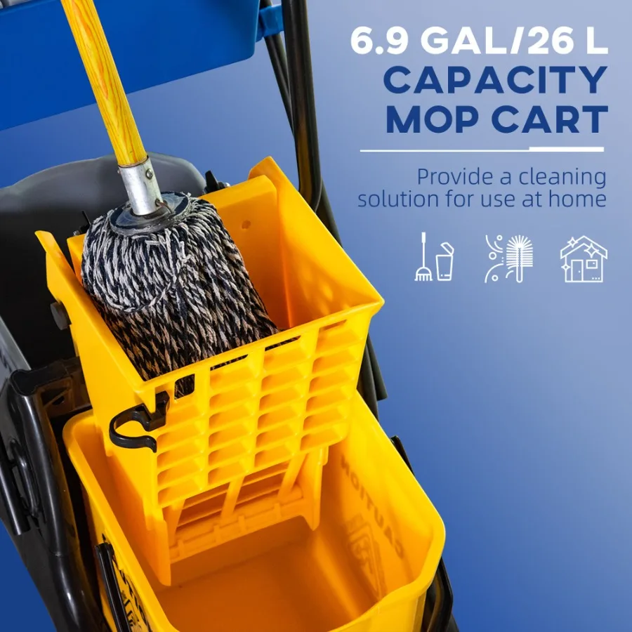 6.9 Gallon Mop Bucket Wringer Cart Easy Side Press Yellow Black Smooth Wheels MopHandle Holder
