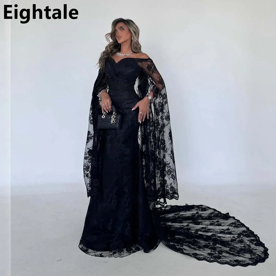 Eightale Elegant Black Lace Flare Sleeve Evening Dress Off Shoulder Mermaid Saudi Prom Party Dress Women Dubai Formal Dress