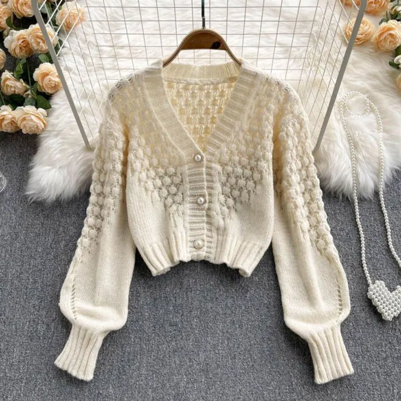 Orange Hollow out Acrylic Knit Lantern Sleeve V-Neck Women\'s Cardigan Single Breasted Sweater Cardigan For Women Clothing 2024