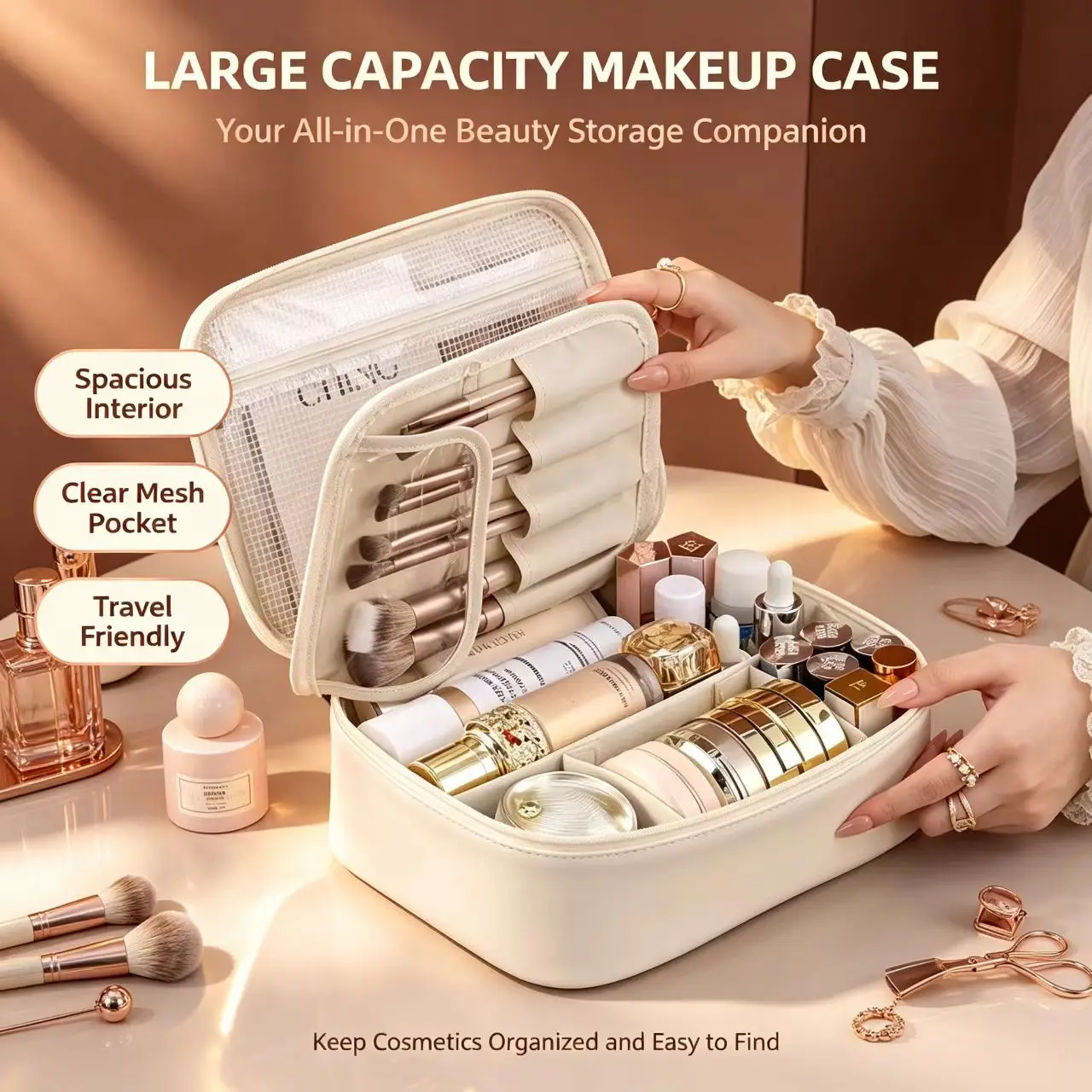 Portable Waterproof Makeup Bag with Detachable Brush Holder, Large Capacity Travel Cosmetic Organizer Case with Adjustable Divid