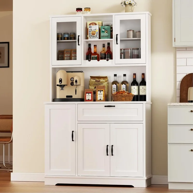 Tall Kitchen Pantry, Modern Kitchen Storage Canibet with Hutch and Microwave Stand, Pantry Cabinet with Shelves for Di