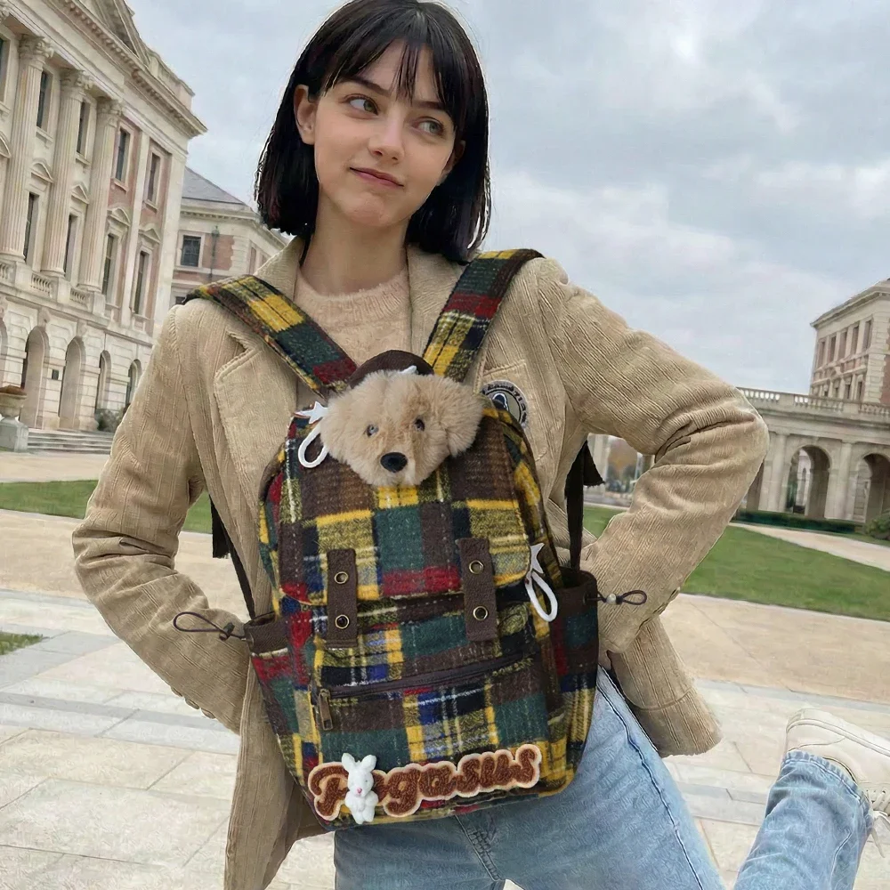 Rucksack Cute Dog Head Pattern Retro Plaid Backpacks Lightweight School Bags Teens Young Adults Daily Class Leisure girls boys