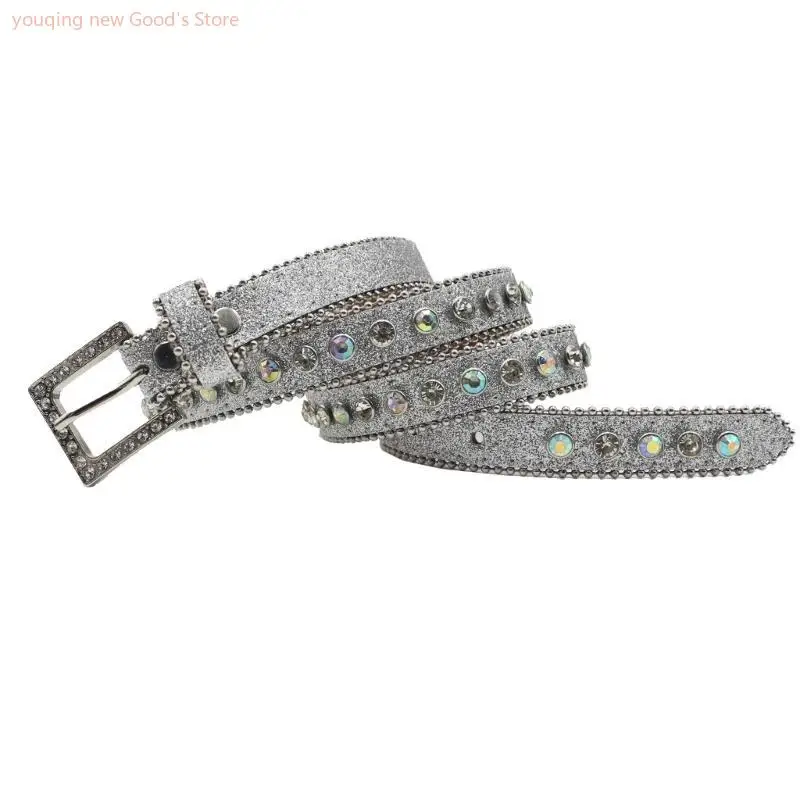 

49ME Elegant Waist Belt Studded Rhinestones Beaded for Street Dance Glitter Belt Livehouse Punk Waist Chain Glitter Buckle