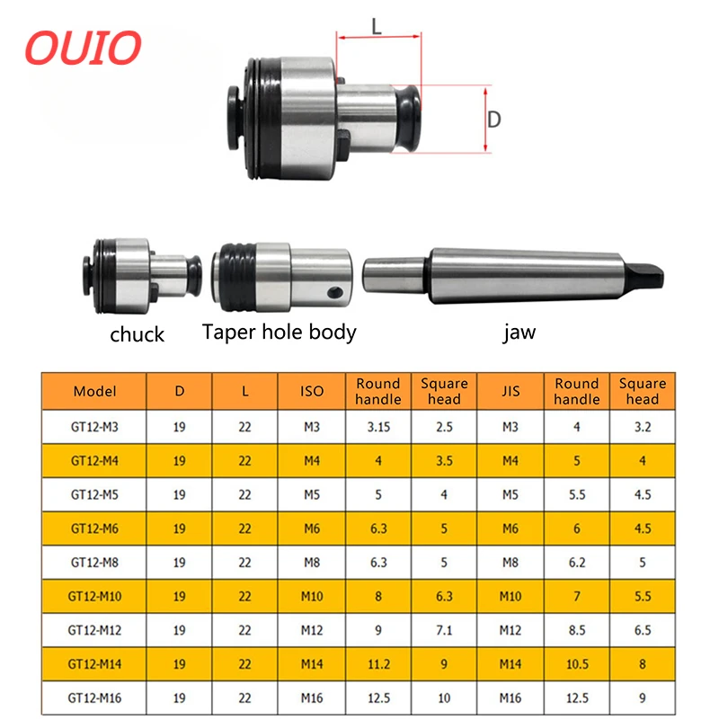 OUIO MORSE Tapper MT2 GT12 Tap Chucks Overload Protection BT30 BT40 NT30 NT40 GT24 MT3 GT12 MT4 Tapping Chuck CNC Machine Collet