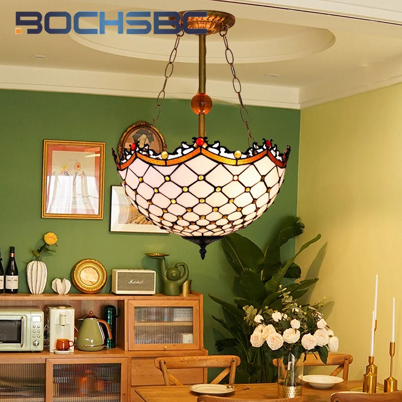 BOCHSBC Tiffany simple white vintage style stained glass chandelier Living room Dining Room bedroom decor inverted pendant light