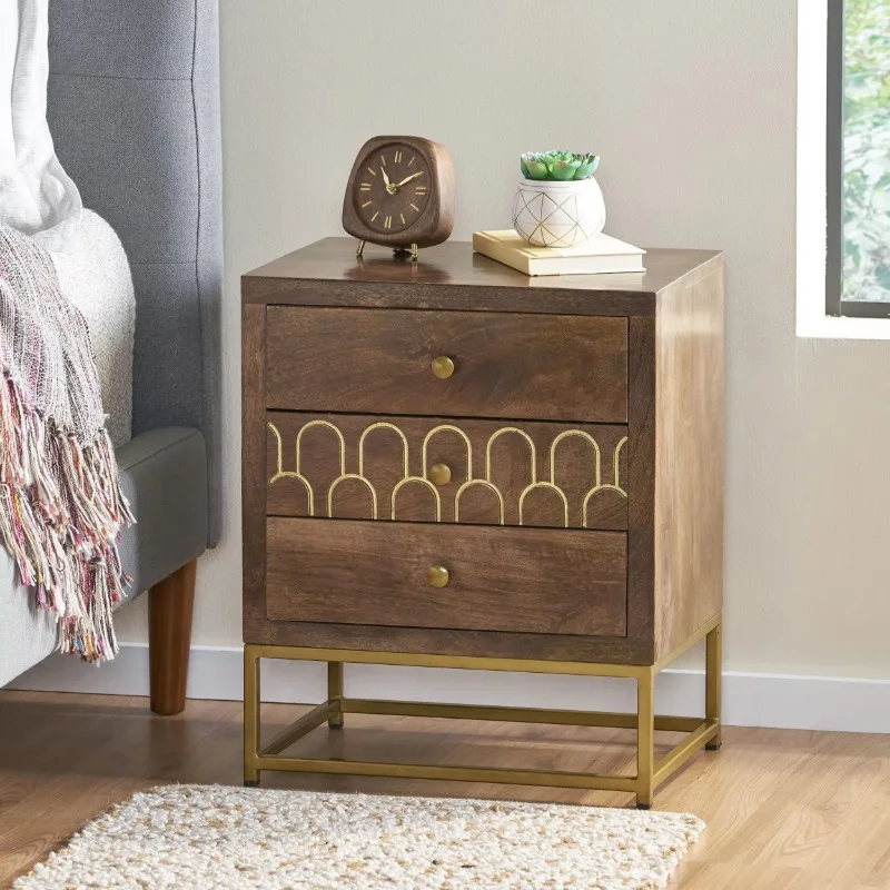 Three-drawer side table with gold trim, modern handmade bedside table, iron frame