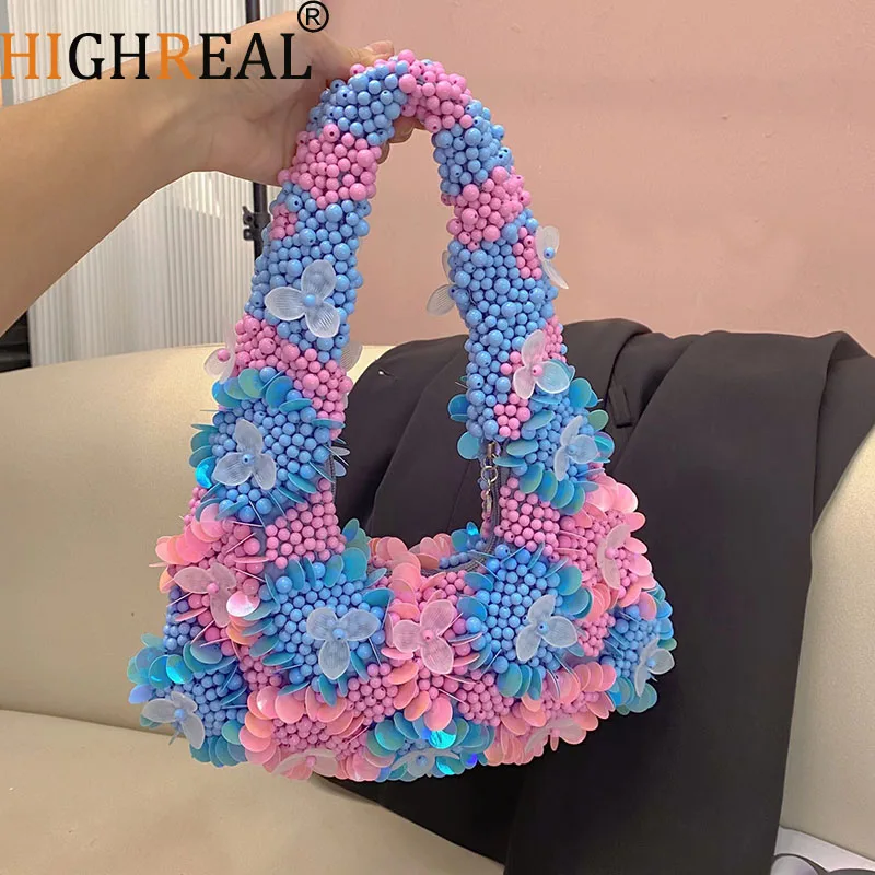 

Women Handmade Bead Bag Flower Evening Bags Crystal Top Handle Bag For Women Purses And Handbag