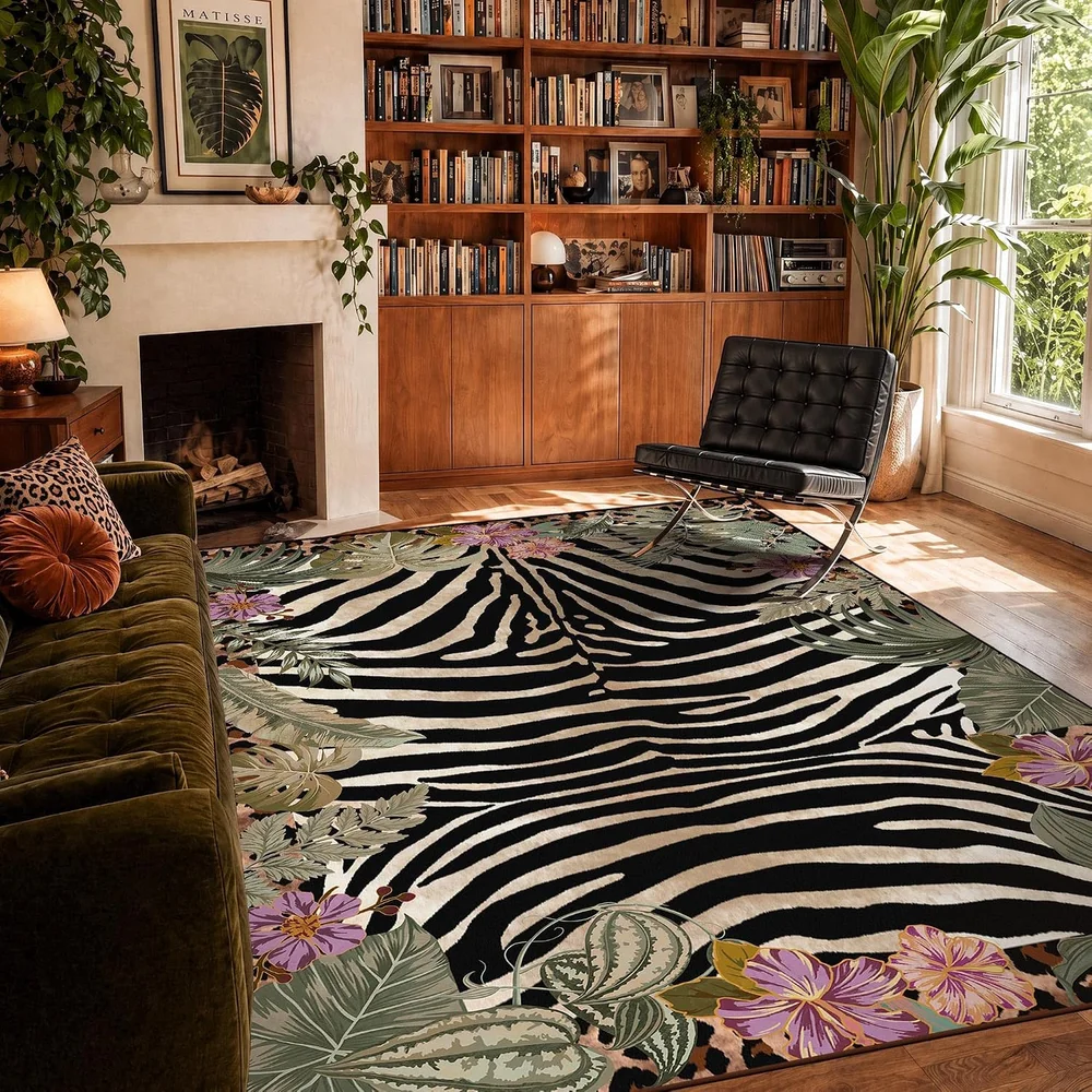 8x10 Extra Large Black Beige Zebra Floral Trim Boho Area Rug Washable Non Slip Carpet for Girls Bedroom Home Decor