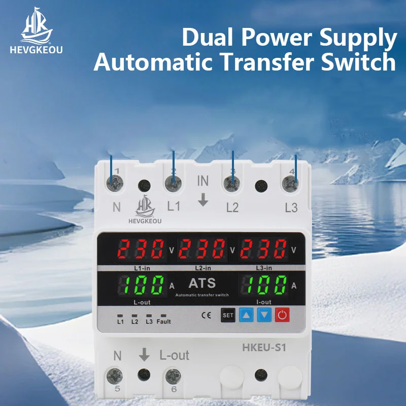 63A 4P 3-Phase Automatic Transfer Switch ATS Dual Power Changeover with Voltage/Current Monitoring