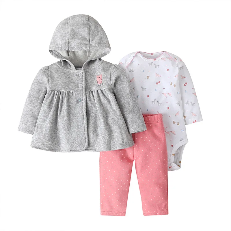 2022 New Fashion Baby Girls Clothes Sets 100% Cotton Baby Coat+Baby Bodysuits+Pants Cartoon Printed Long Sleeves Kids Clothing