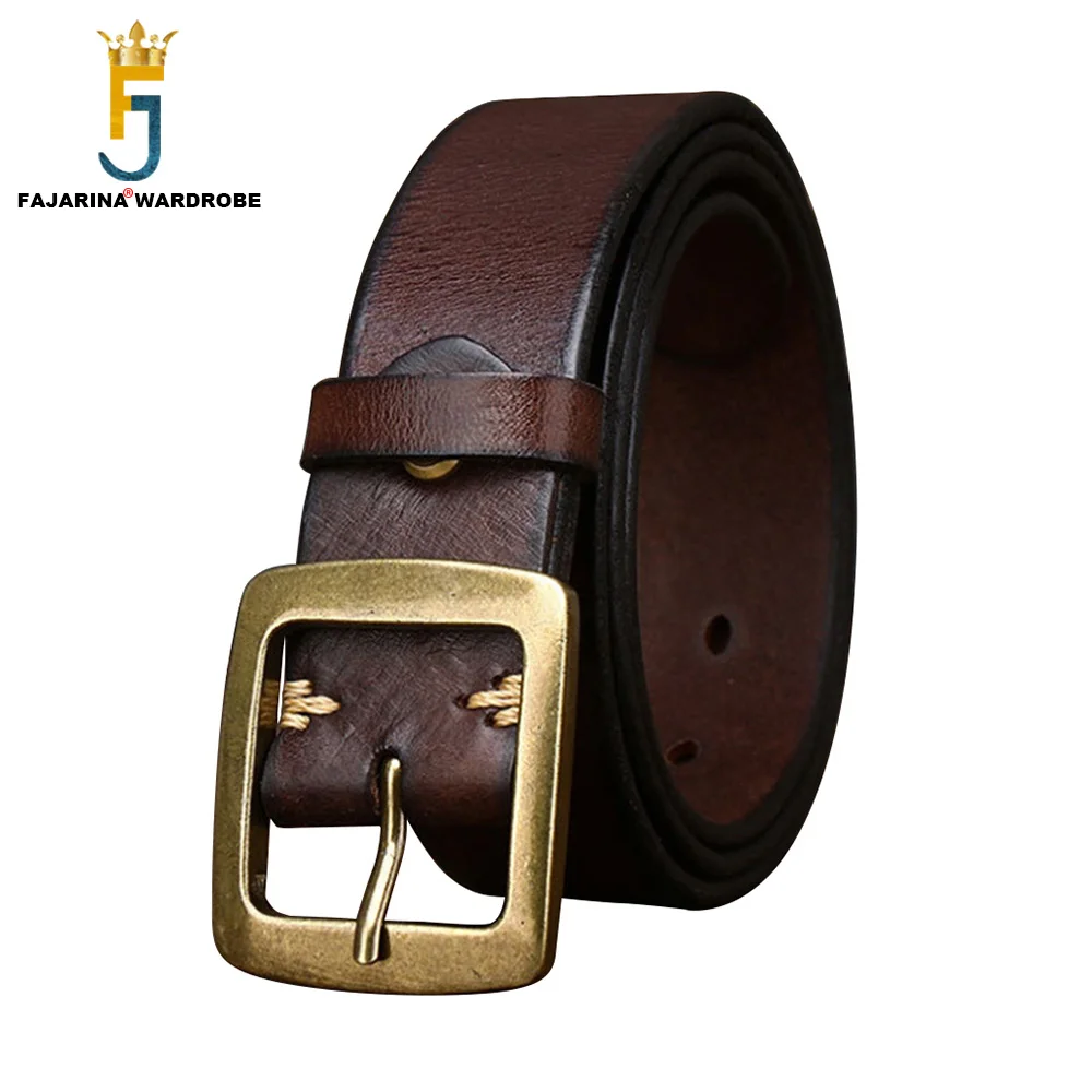 

FAJARINA Top Quality 100% Solid Cowskin Leather Brass Pin Buckle Retro Belt 3.8cm Wide