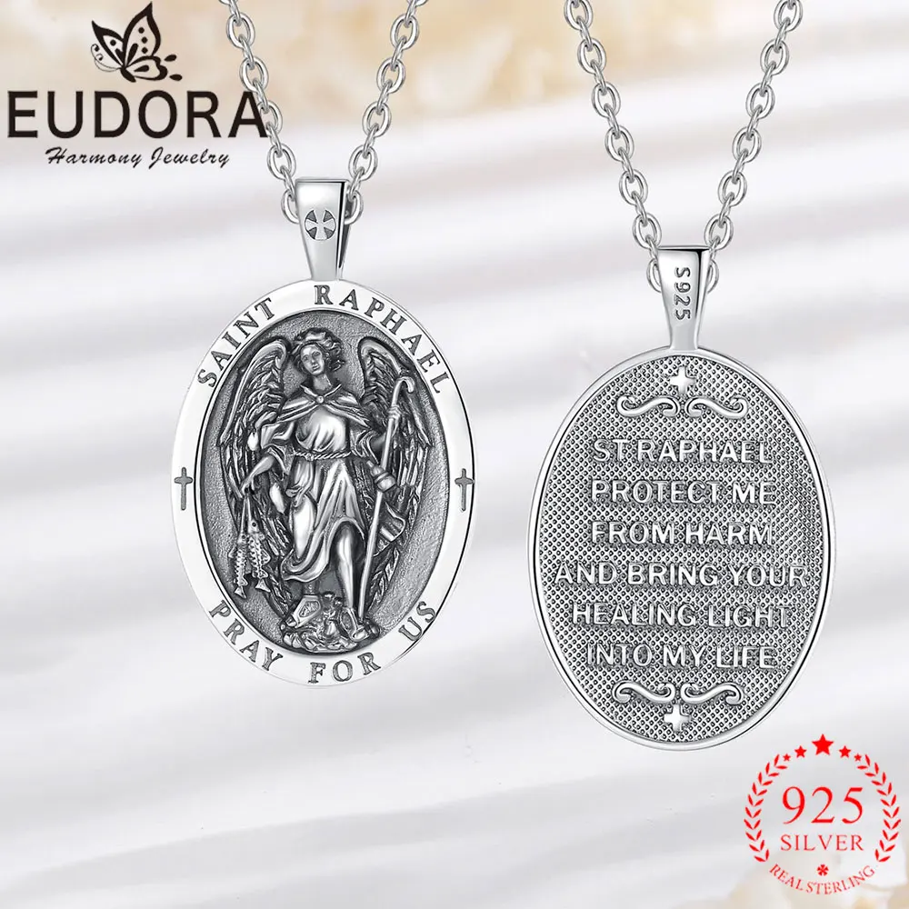 Eudora Saint Raphael Necklace 925 Sterling Silver Archangel Amulet Medal Pendant Religious Protection Jewelry Fine Gift For Men