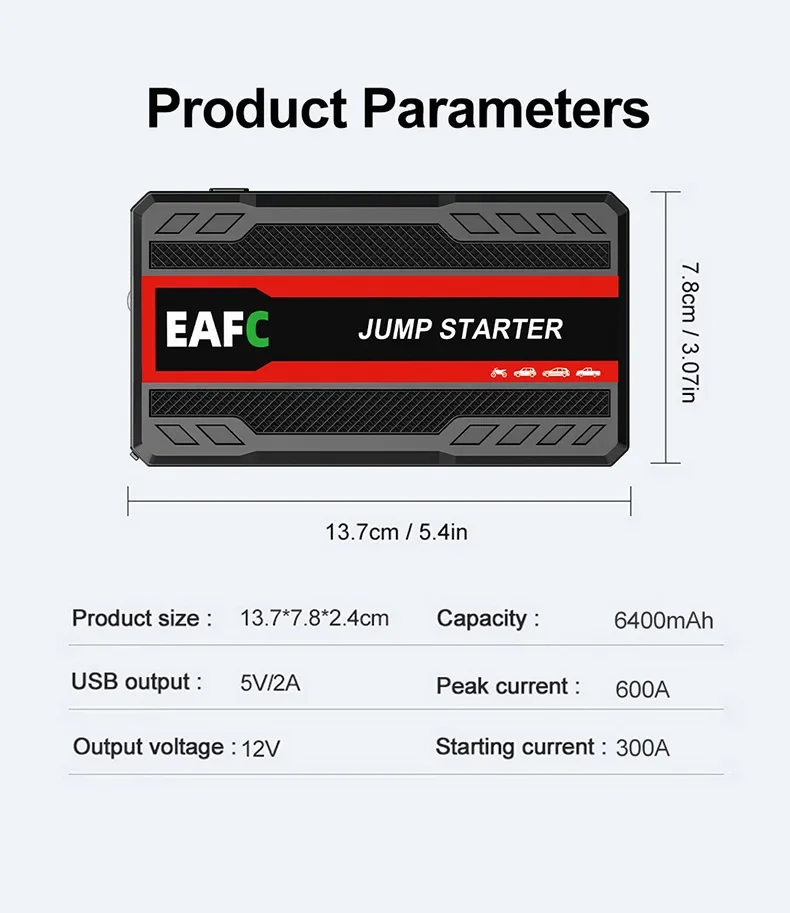 EAFC 600A Spitzenstrom 12V Auto-Starthilfegerät, tragbares Auto-Batterie-Starthilfegerät mit LED-Notlicht und USB-Powerbank für 3,0-Liter-Benzinfahrzeuge, Motorräder, SUVs, Pickups. – Detail 11
