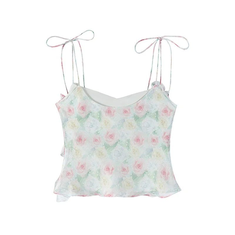 Cariedo Barcelona Morning Mist Series Cool Breathable Resort Style French Breeze Yarn Printed Three-Dimensional Flower Suspender Top