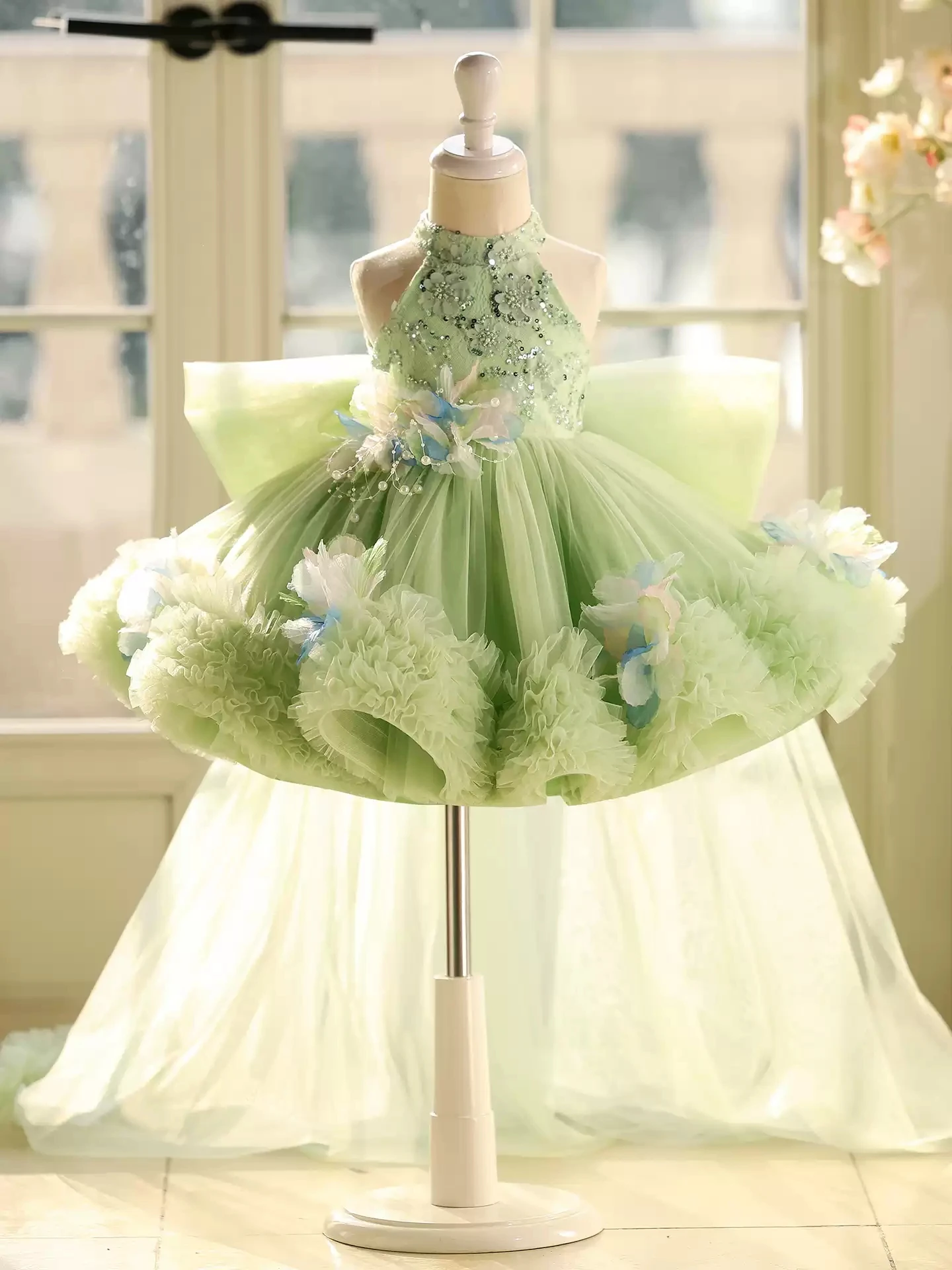 KLFLGD Dress Up for the Banquet, High-End Elegant Party Dress, Green Embroidered Sequin Children's Performance Princess Dress