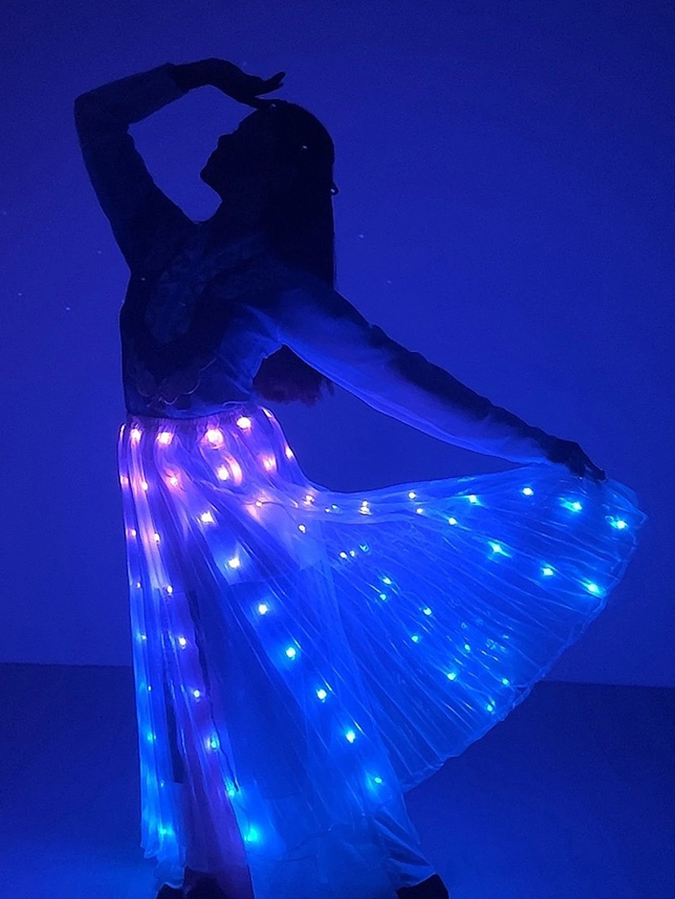 LED Light Up Belly Dance Skirt, LED Long Tutu Skirt for Rave, Halloween, Christmas Party, Dazzling LED Clothing for Women White