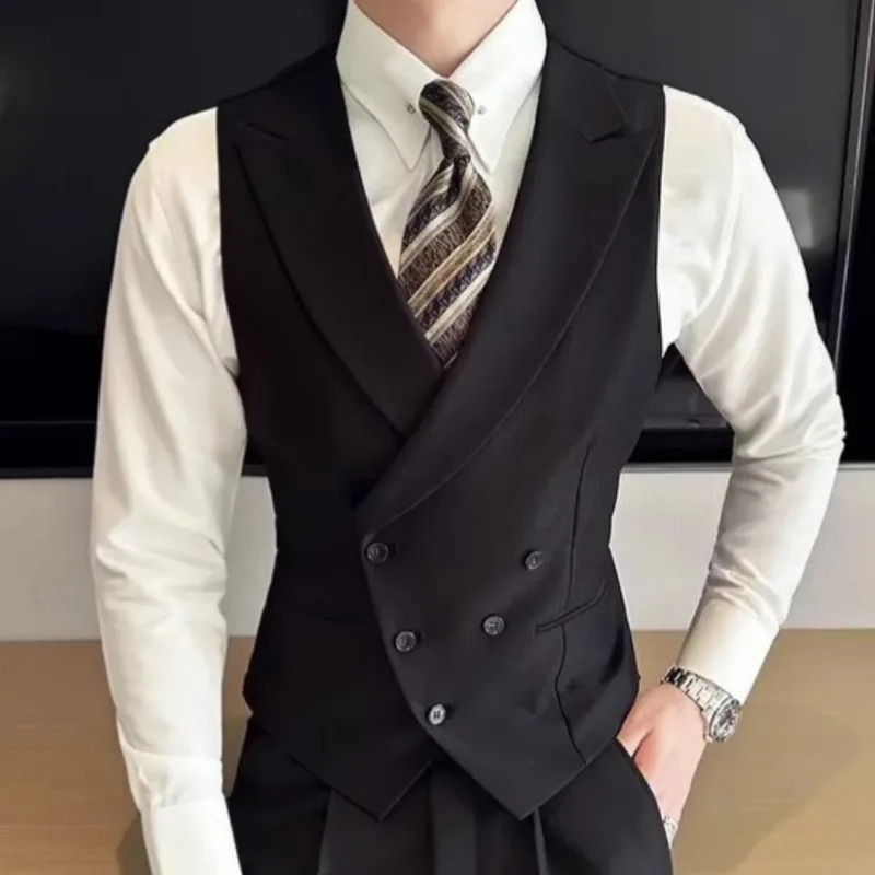 

Мужской черный жилет с лацканами, однотонный, на двух пуговицах, для свадьбы, банкета, делового стиля, повседневной носки, работы, мужской костюмный жилет