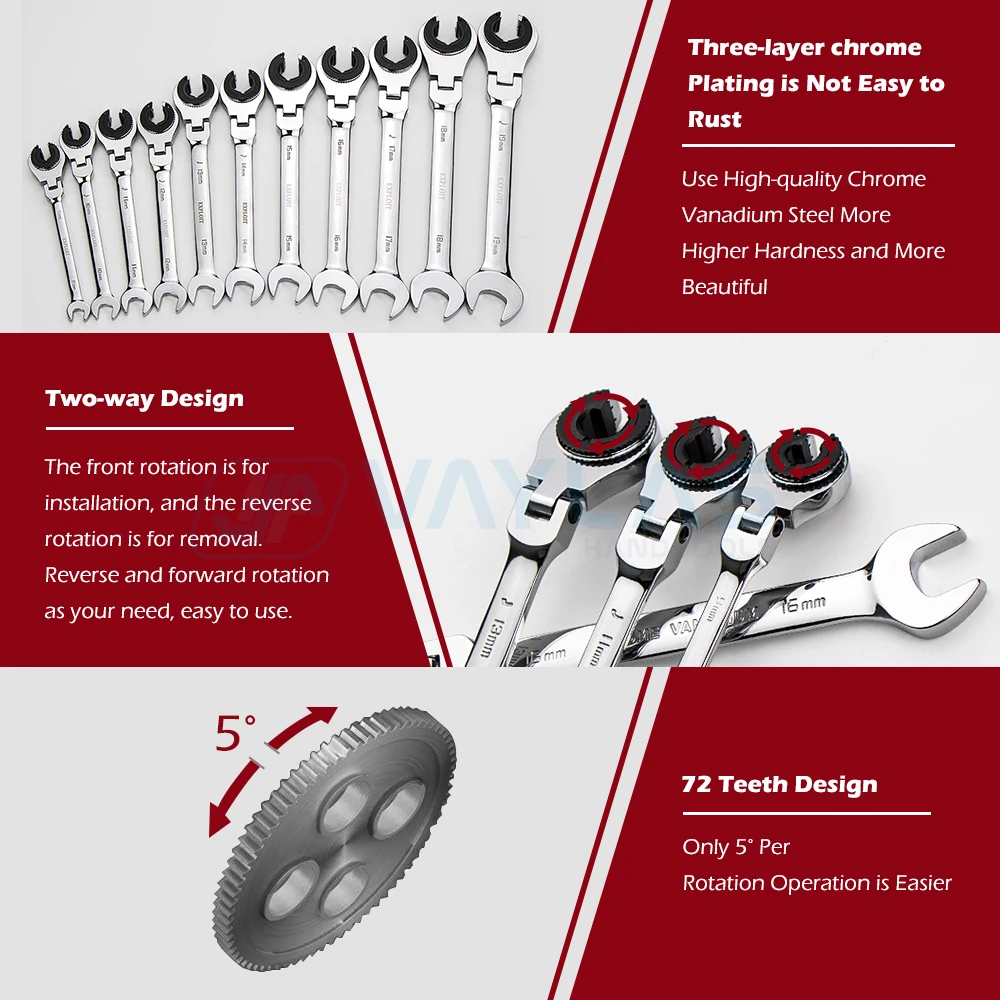 7-Piece Open Flex-head Flare Nut Ratcheting Wrench Set Metric Oil Pipe Ratchet Fix Tubing Combination Spanner Set Auto Repair