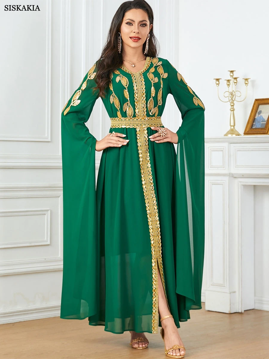 Siskakia Dubai Tape Trim Abaya With Belt For Muslim Woman Super Full Sleeves V-Neck Moroccan Saudi Kaftan Elegant Fashion Kebaya