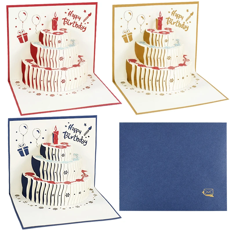 Happy Birthday Card 3D Cake Pop-Up Greeting Cards Postcards Gifts with Envelope Thank-you Girl Kids Wife Husband Birthday Cards