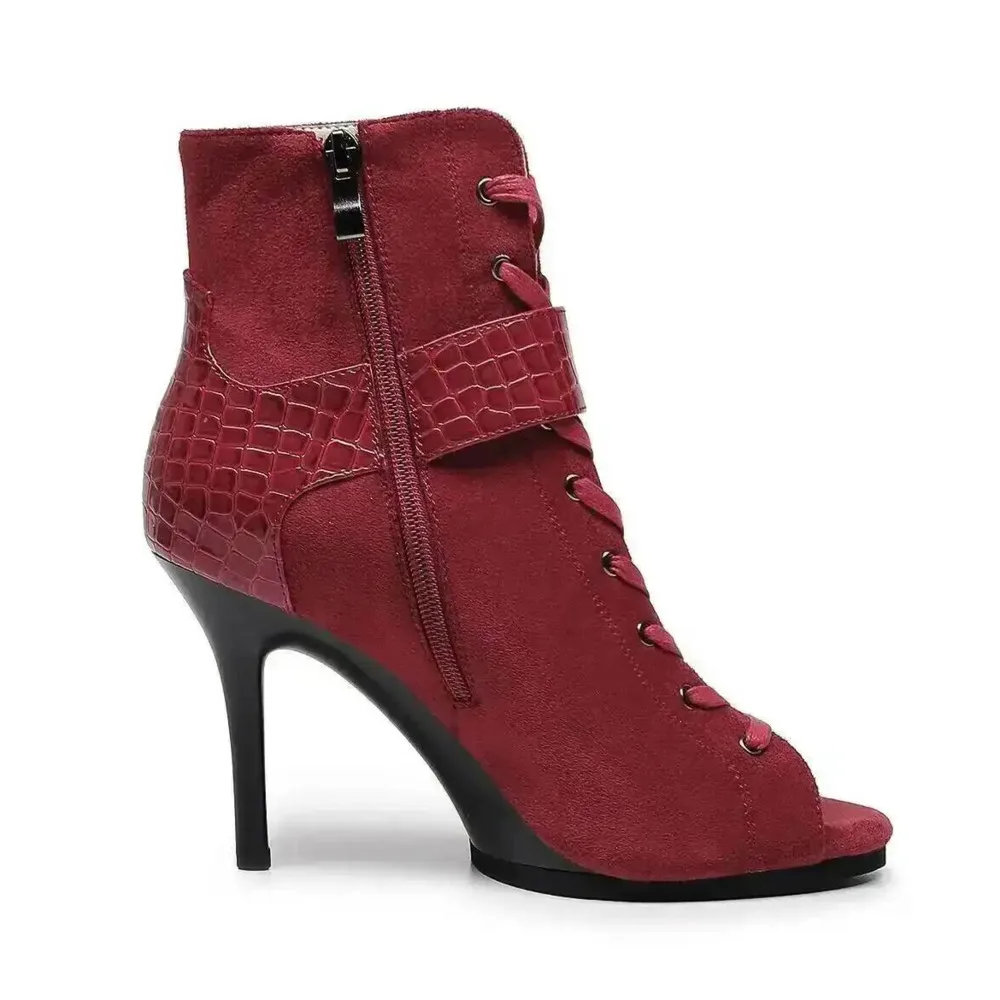 Women Peep Toe Stiletto High Heel Dance Ankle Boots Croc Strap Lace‑up Side Zipper Latin Salsa Dance Shoes Wine Red Party Heels