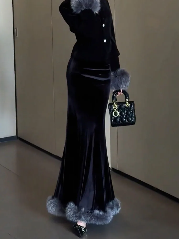 

Ele Velvet Fi Tail Skirt Faionable Retro Frayed Hem Wrap around Long Dr for Autumn Winter plus Size Korean Sle