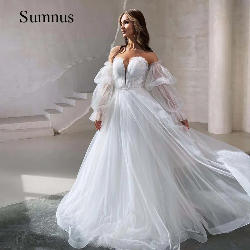 

White Tulle Wedding Dress Sweeetheart Detachable Puffy Sleeve Elegant A-line Bride Gown 2024 Summer Robe de Mariee Plus Size