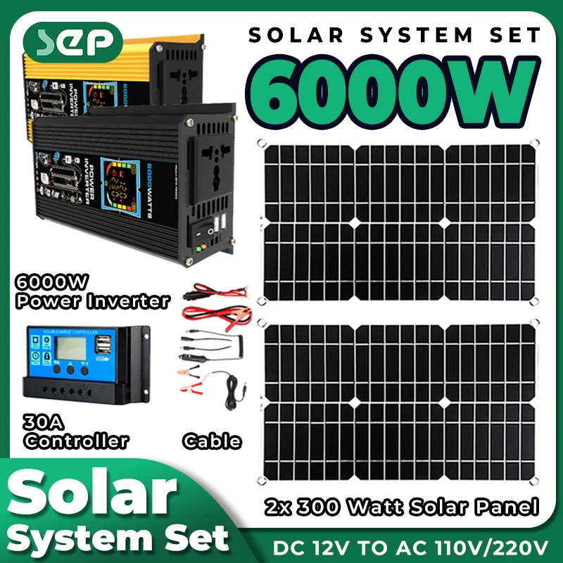 

New Inverter 6000W Solar Panel 2*300W 12V Portable solar generator Power bank 30A Controller kit solar for home Camping station