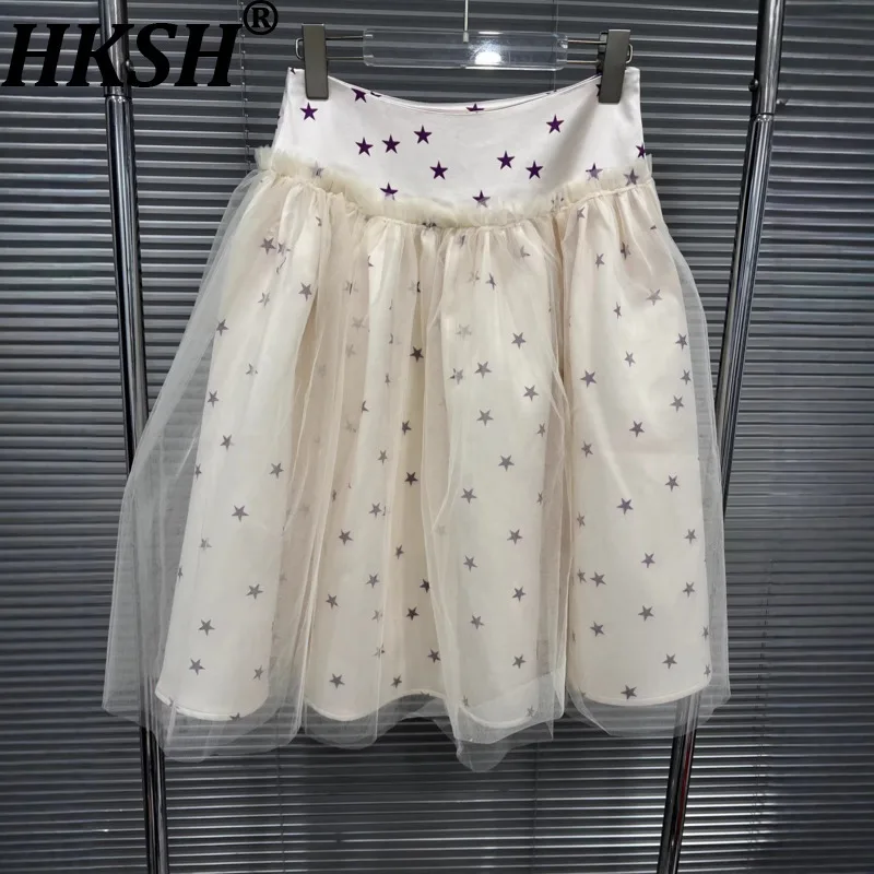 

HKSH 2026 Spring Summer New Women Skirt Printed Patchwork Mesh Pleated A-line Versatile Elegant Sweet Trend Short Skirts HK18091