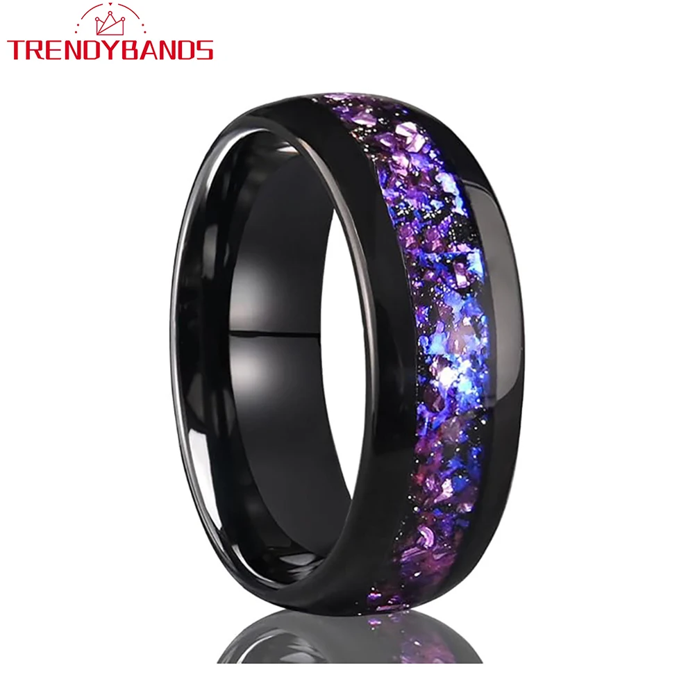 8mm Black Tungsten Carbide Ring with Amethyst Agate Chip Inlay Domed Surface Men Women Engagement Promise Wedding Band
