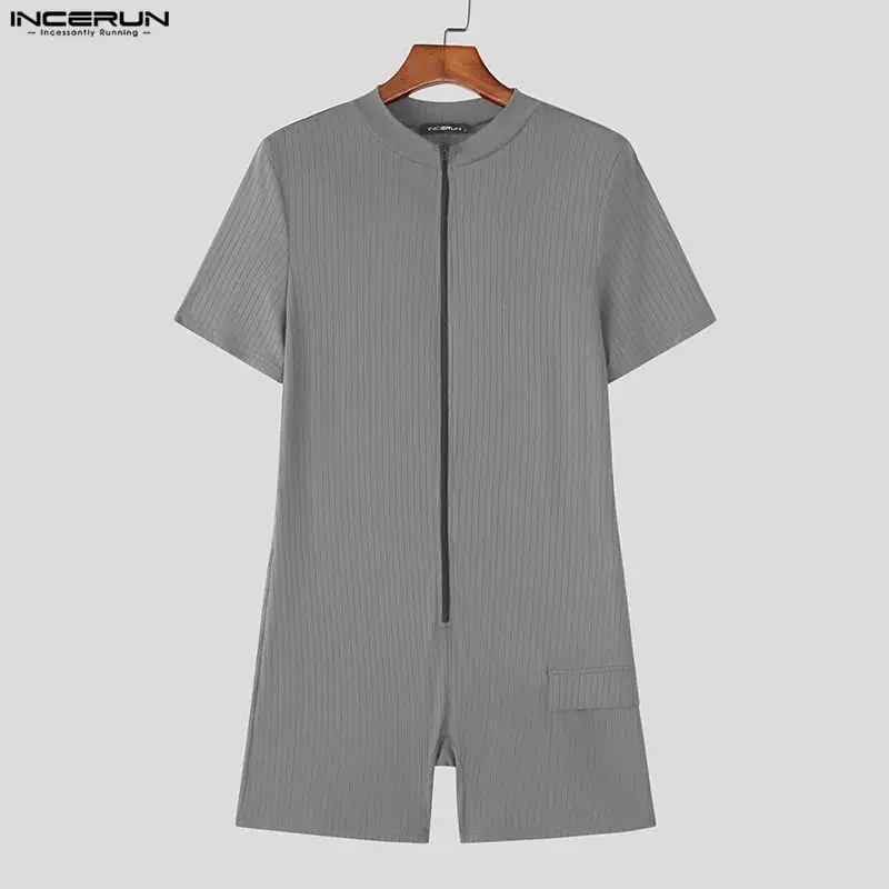 INCERUN Men Bodysuits Solid Color Short Sleeve Knitted Zipper Playsuits Male Rompers 2026 Summer Workout Casual Men Bodysuit