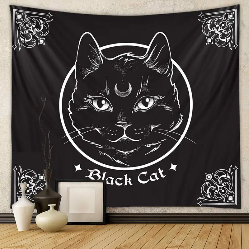 VIKAMA Three Black Witch Cats Tapestry Cauldron Magic Spell Stars Occult Soft Washable for Living Room Bedroom Decor