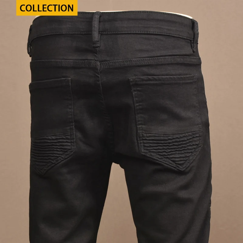 Calça lápis jeans jeans elástica hip-hop masculina, com ajuste fino e elástico, jeans de motoqueiro emendado, preta, moda rua